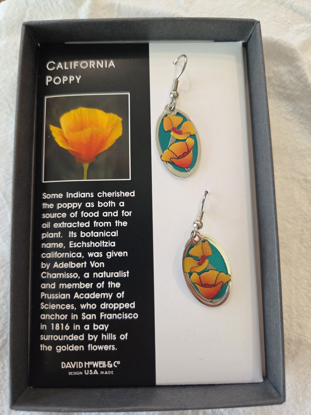 New David Howell California Poppy Teardrop Earrings - Turquoise & Orange